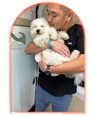 friendly katy pet groomer holding small dog after grooming