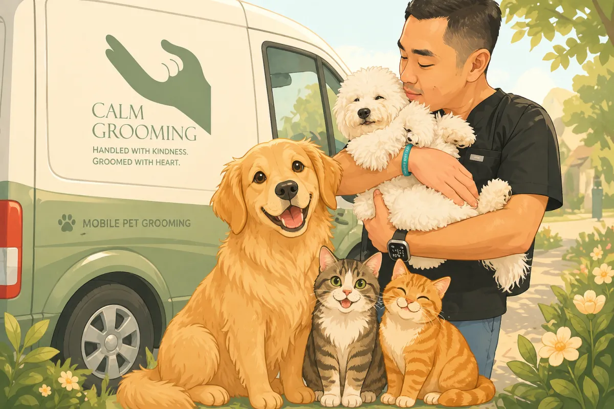 calm grooming katy founder with happy groomed dog