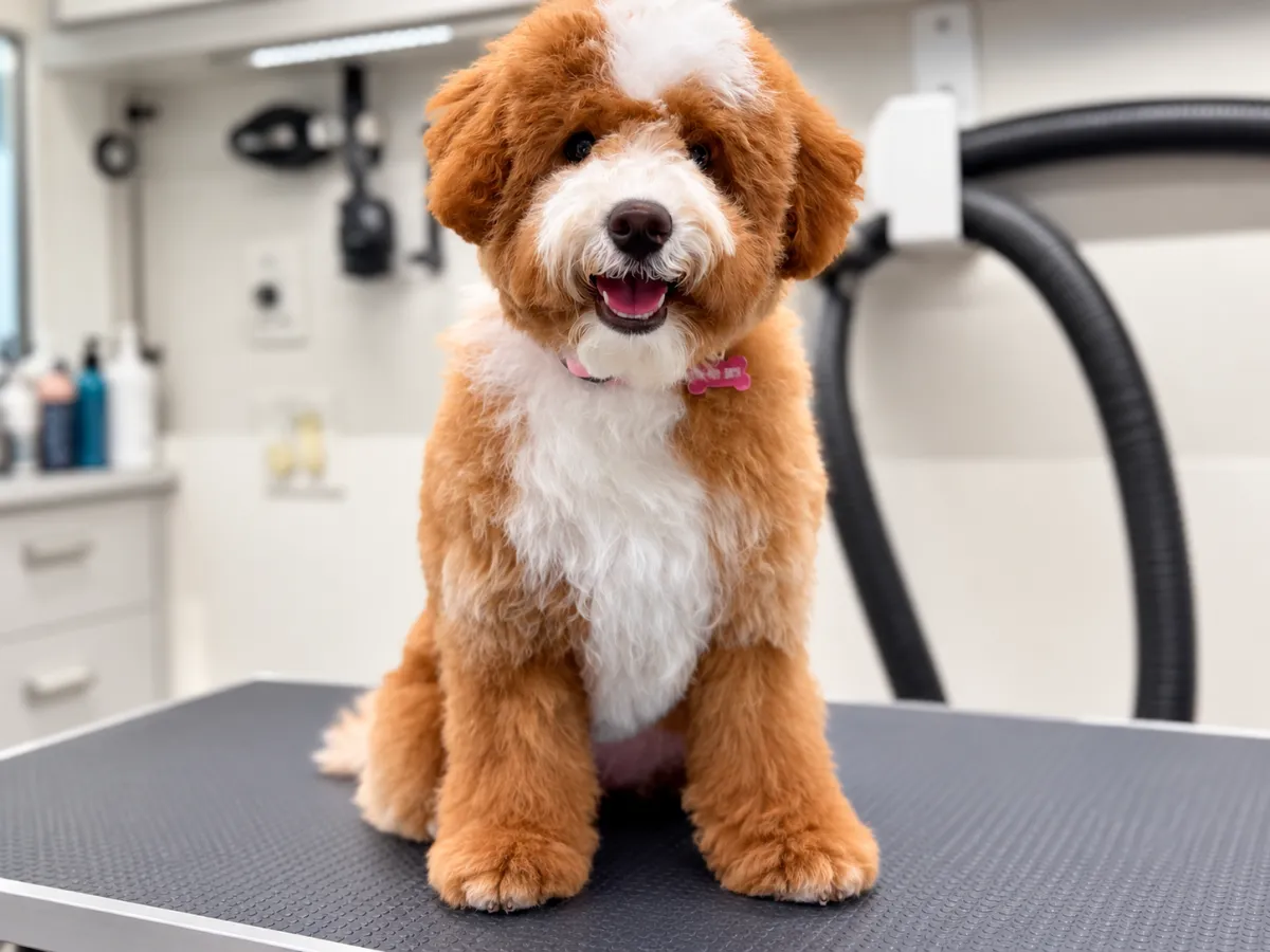 Brown and white dog sitting on a grooming table