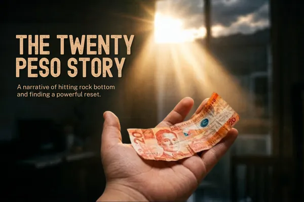 A hand holding a twenty-peso Philippine bill with dramatic sunlight coming through the background, titled The Twenty Peso Story.
