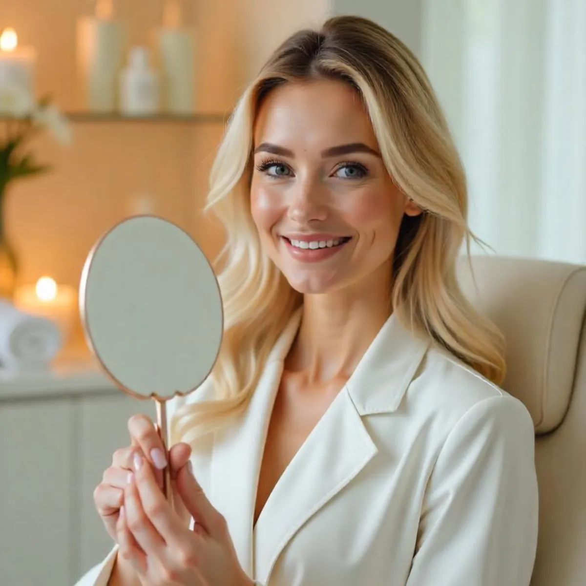 Smiling woman holding a mirror in a serene spa setting, showcasing confidence and satisfaction after an aesthetic treatment at Elida Aesthetic.