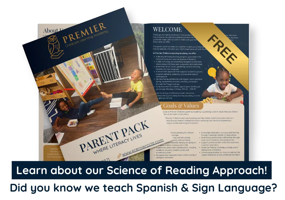 Parent reading pack explaining  at Premier Childcare Learning Academy