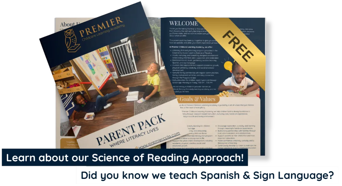 Parent reading pack explaining  at Premier Childcare Learning Academy
