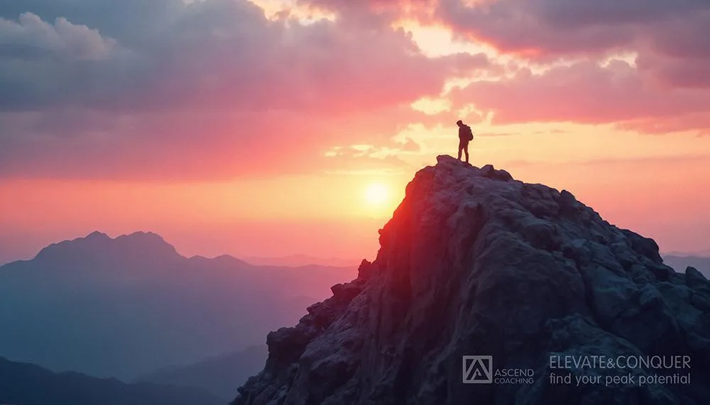 Person standing on the top of the highest peak in a mountain range having conquered the climb to the top.