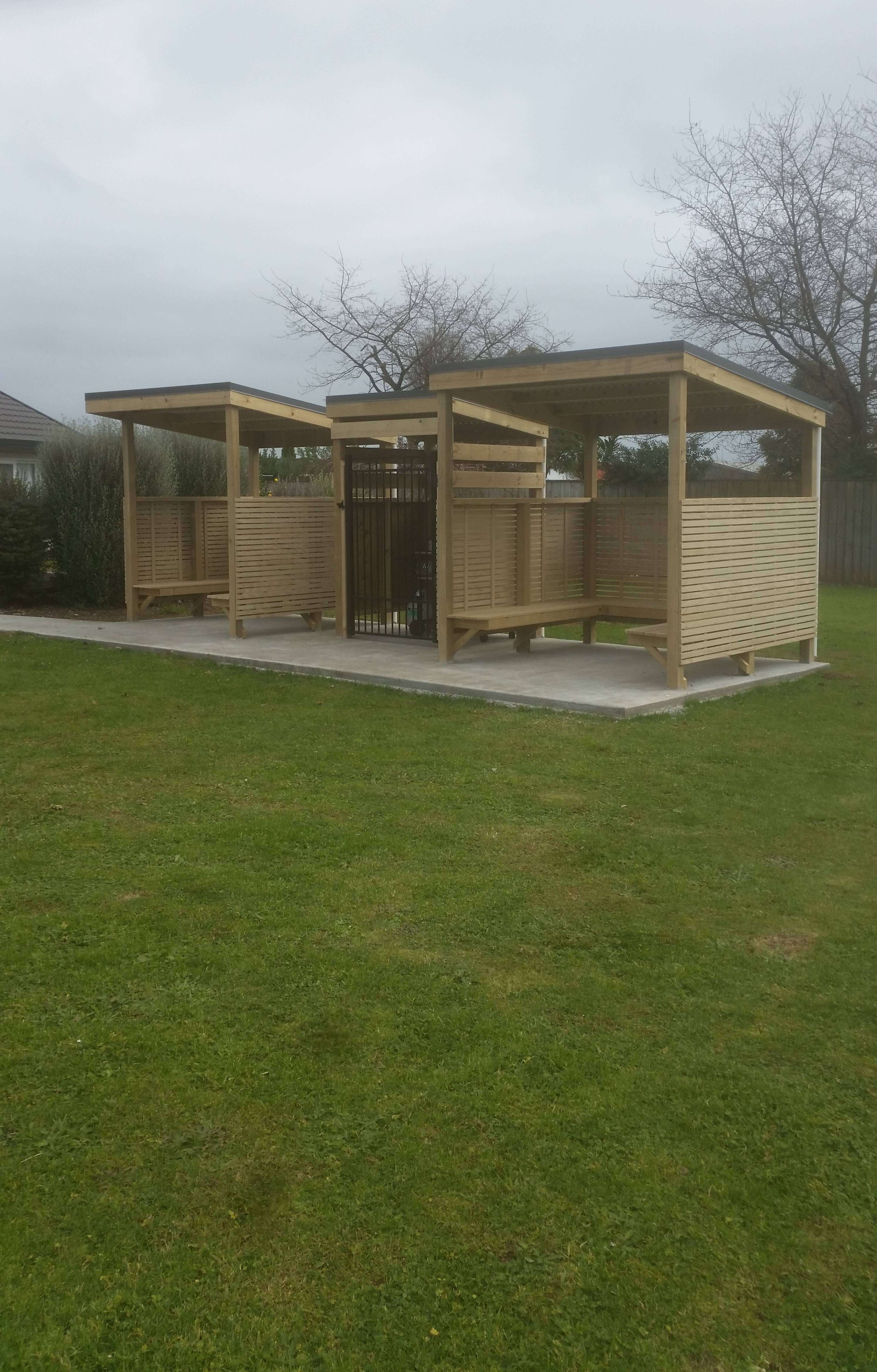 custom outdoor shelter with timber screening and seating Levin NZ