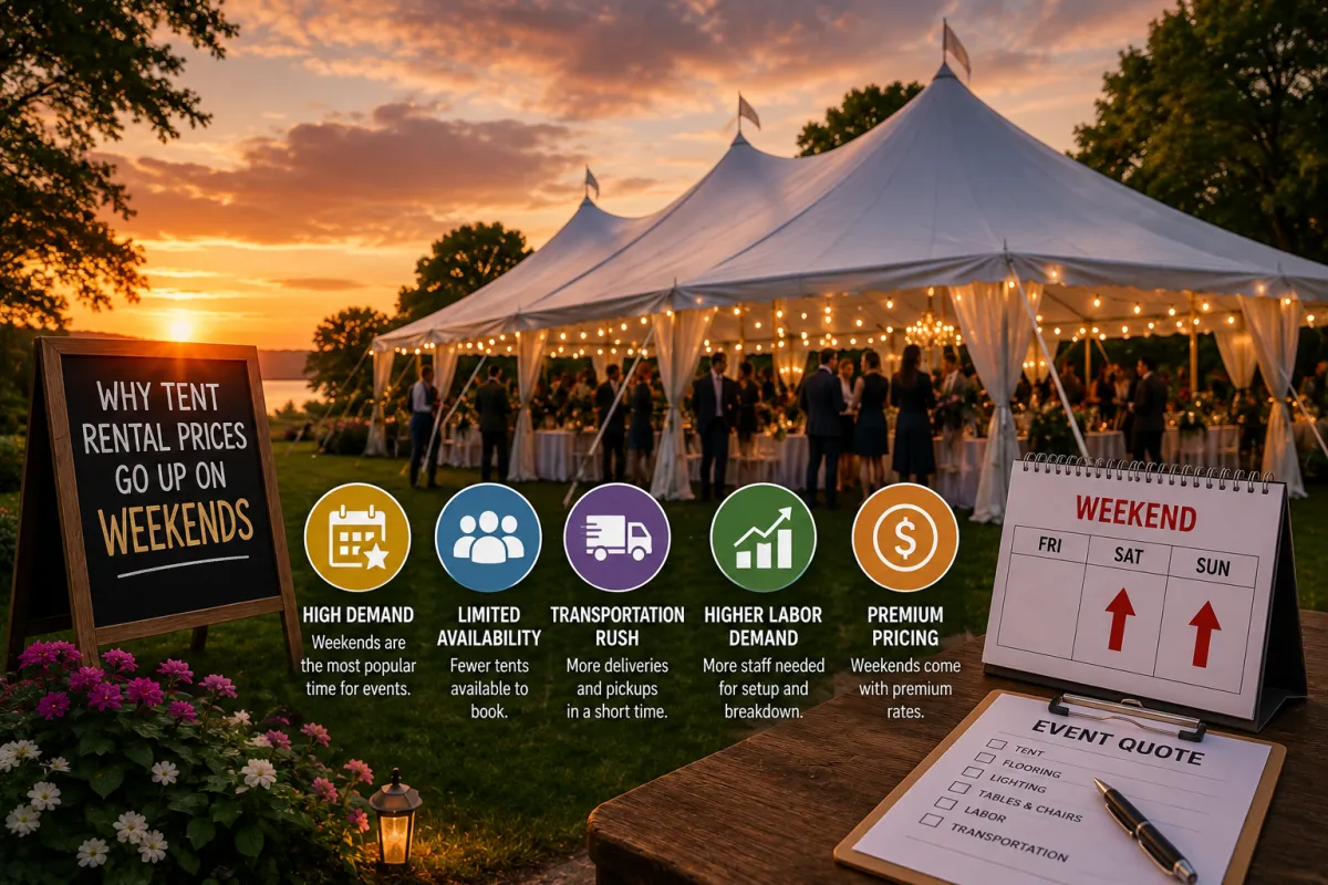 What factors make tent rental prices go up on weekends?