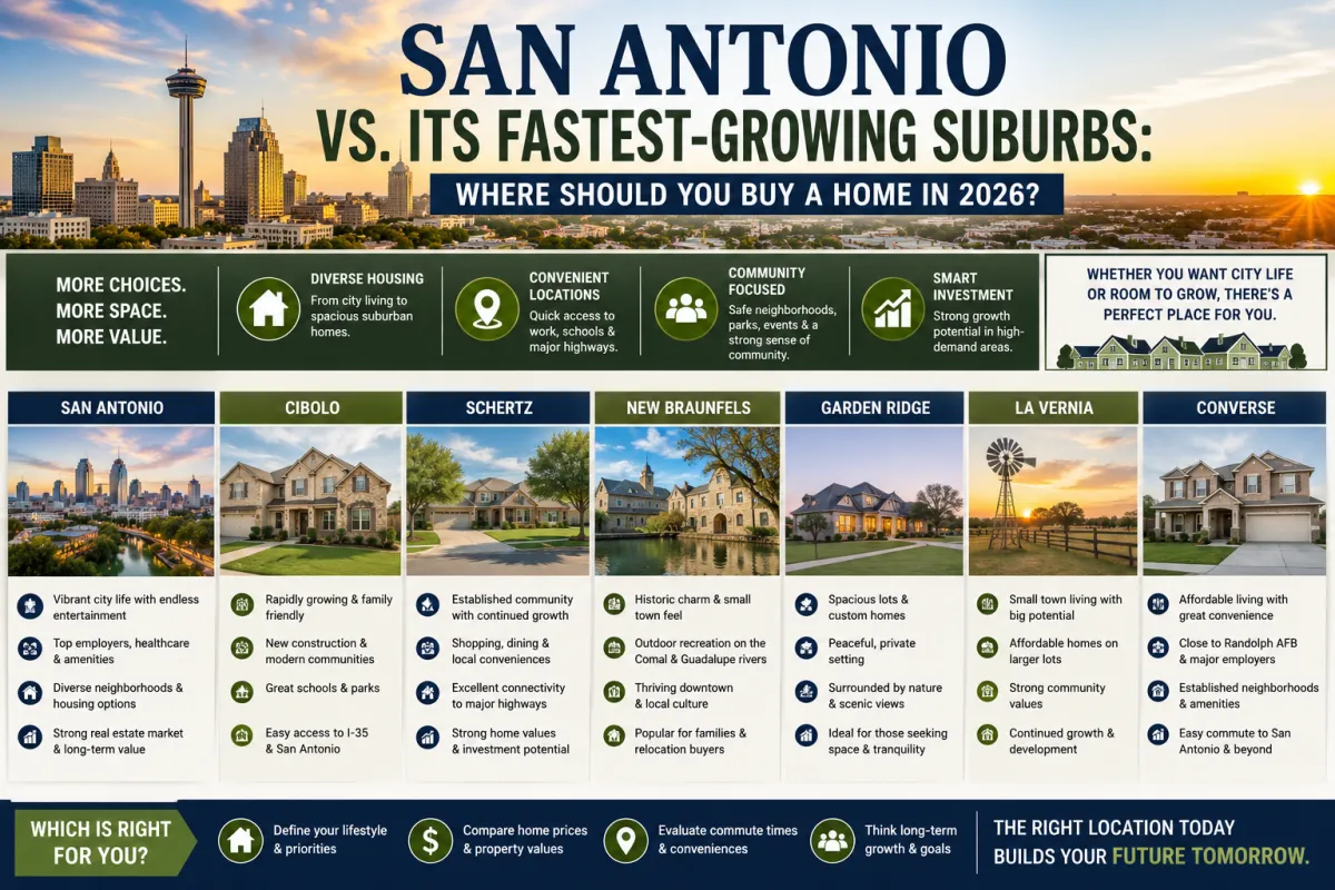 Comparison of San Antonio and its fastest-growing suburbs including Cibolo, Schertz, New Braunfels, Garden Ridge, La Vernia, and Converse for homebuyers in 2026.