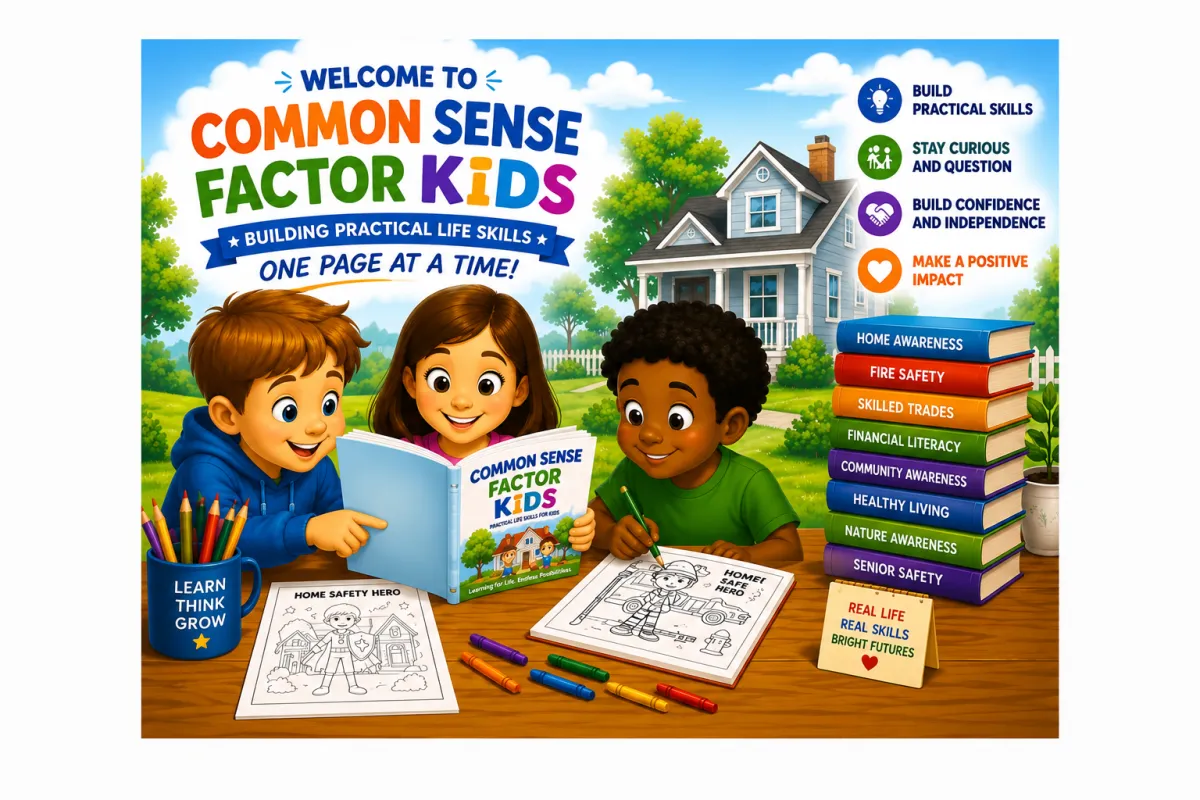 Common Sense Factor Kids educational illustration featuring children learning practical life skills through colouring books and hands-on activities that build confidence, curiosity, and everyday awareness.