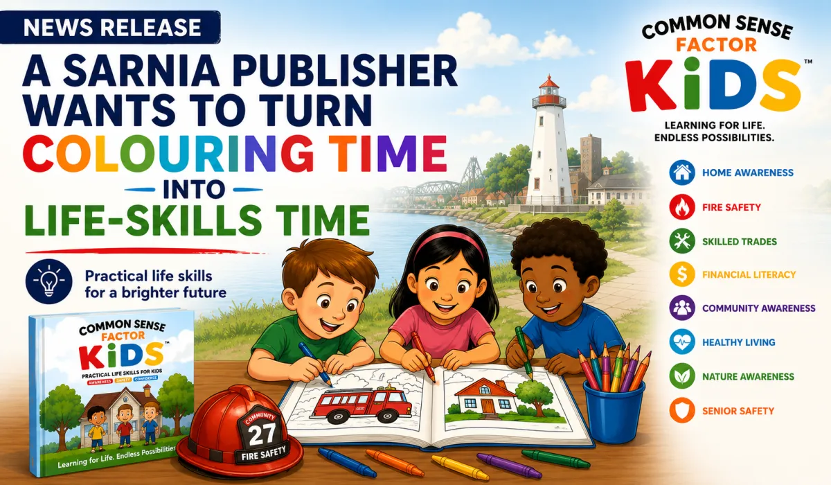 Blog cover image announcing the Common Sense Factor Kids news release about a Sarnia publisher helping children build practical life skills through educational colouring and activity books.