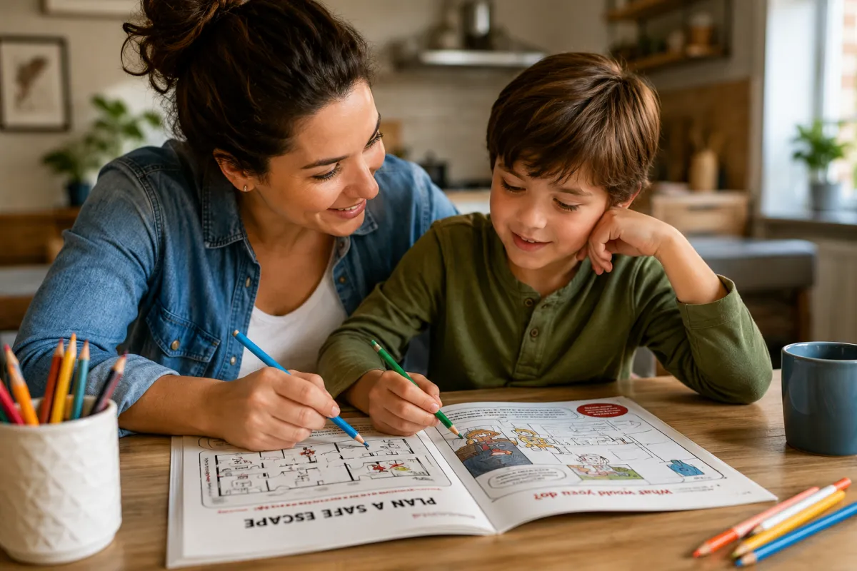 Parent and child doing a learning activity together at home during the back-to-school transition.