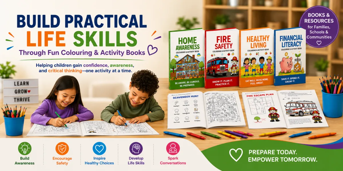 Common Sense Factor Kids practical life skills colouring books and educational resources that help children build confidence, safety awareness, observation skills, and critical thinking through fun, hands-on learning.