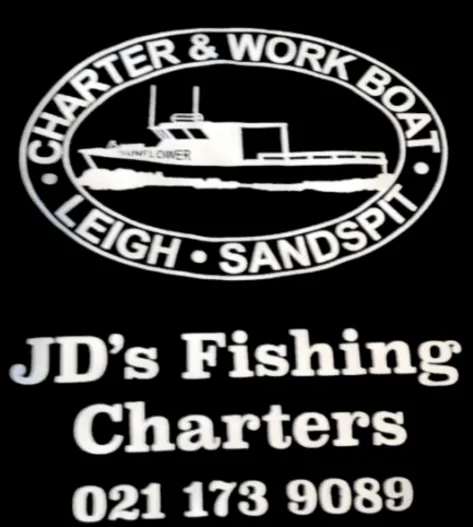 JD’s Fishing Charters logo showing the Sunflower boat with text Charter & Work Boat Leigh Sandspit Auckland New Zealand