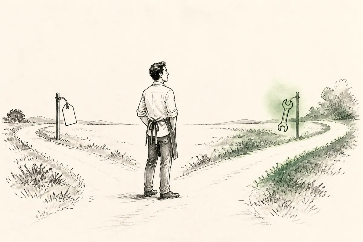 Business owner stands at a fork in the road, choosing between selling and fixing operational problems.