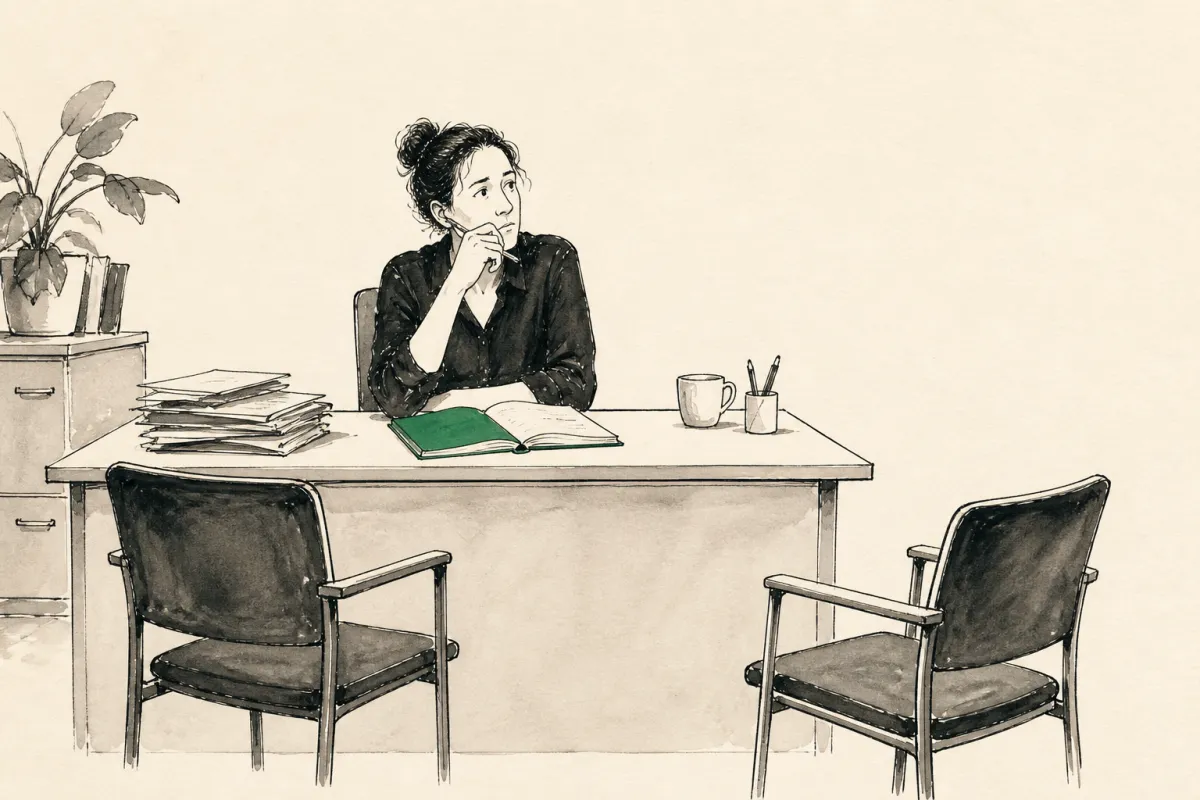 Business owner reviews an open notebook while considering two empty chairs across from her desk.