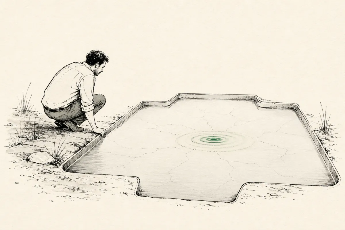 Business owner watches a green ripple reveal cracks beneath the surface of a still, tray-shaped lake.