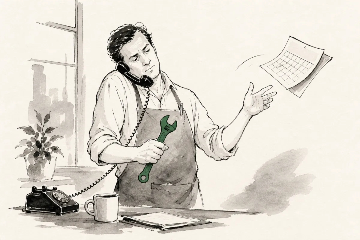 Overwhelmed business owner handles a phone call, wrench, paperwork, and a busy calendar.
