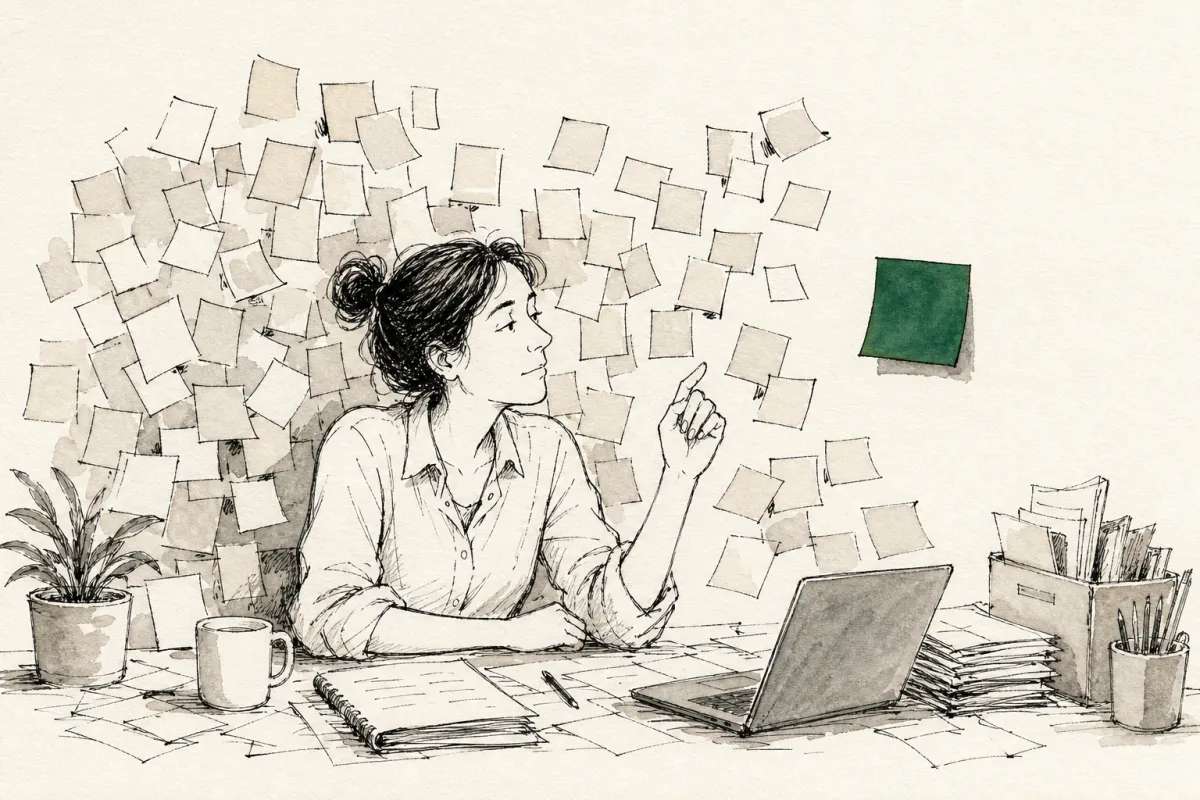Small-business owner notices one green note standing apart from a clutter of overlapping sticky notes.