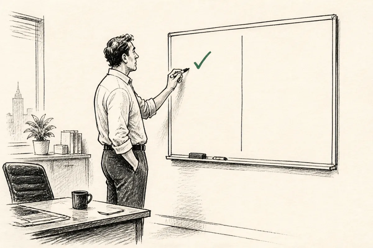 Business owner marks a green check beside one option on a two-column whiteboard.