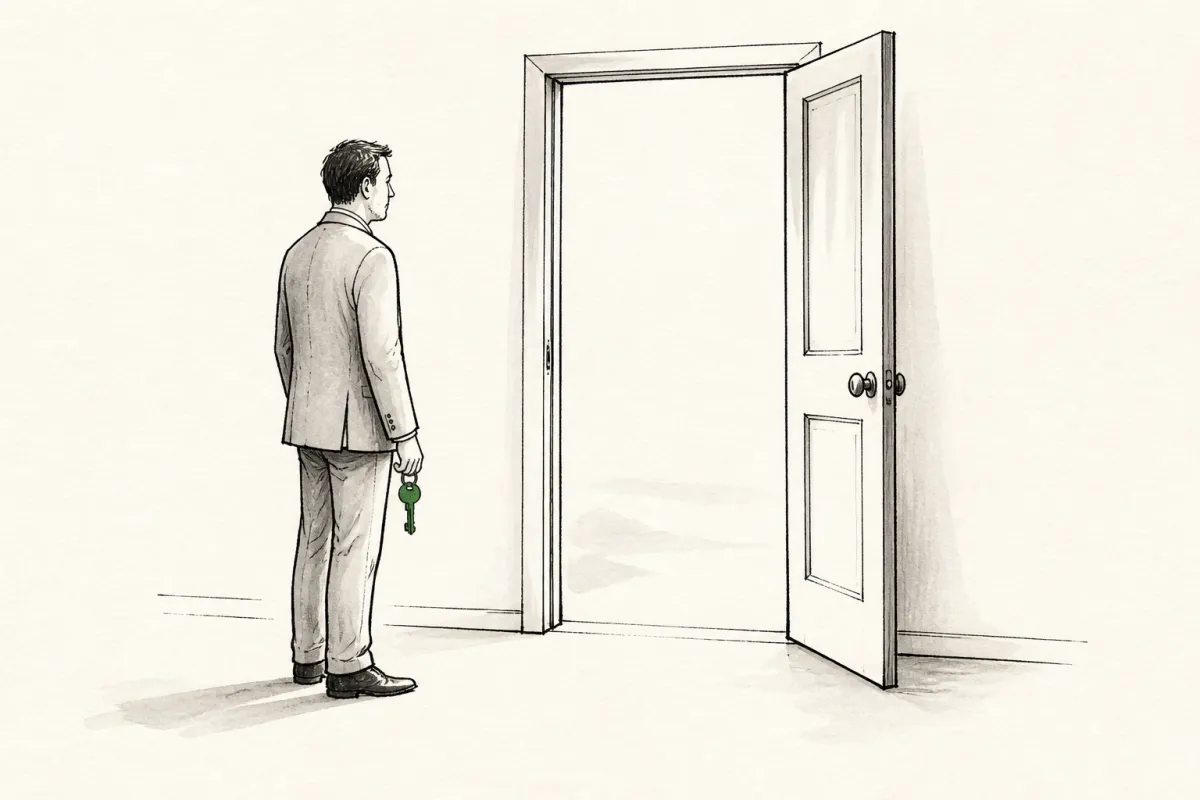 Business owner stands at an already-open doorway, keys in hand, hesitating before stepping through