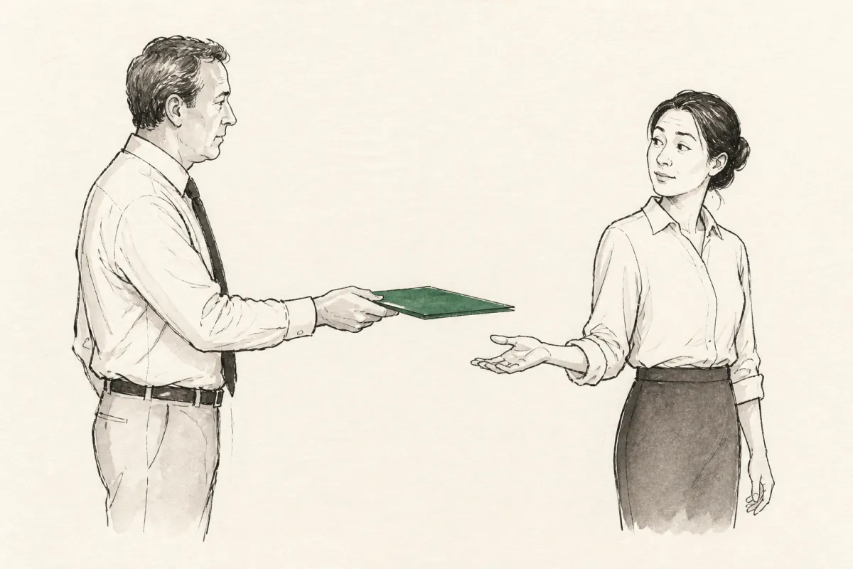 Business owner hands a thin folder to an assistant, who looks back expecting more pages