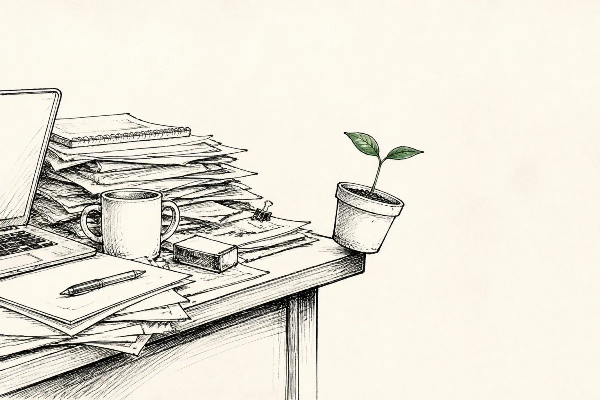 A small seedling in a pot balances precariously on the crowded edge of an overflowing desk