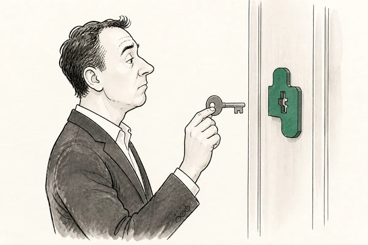 Business owner holds a generic key up to an oddly custom-shaped lock, testing whether it fits