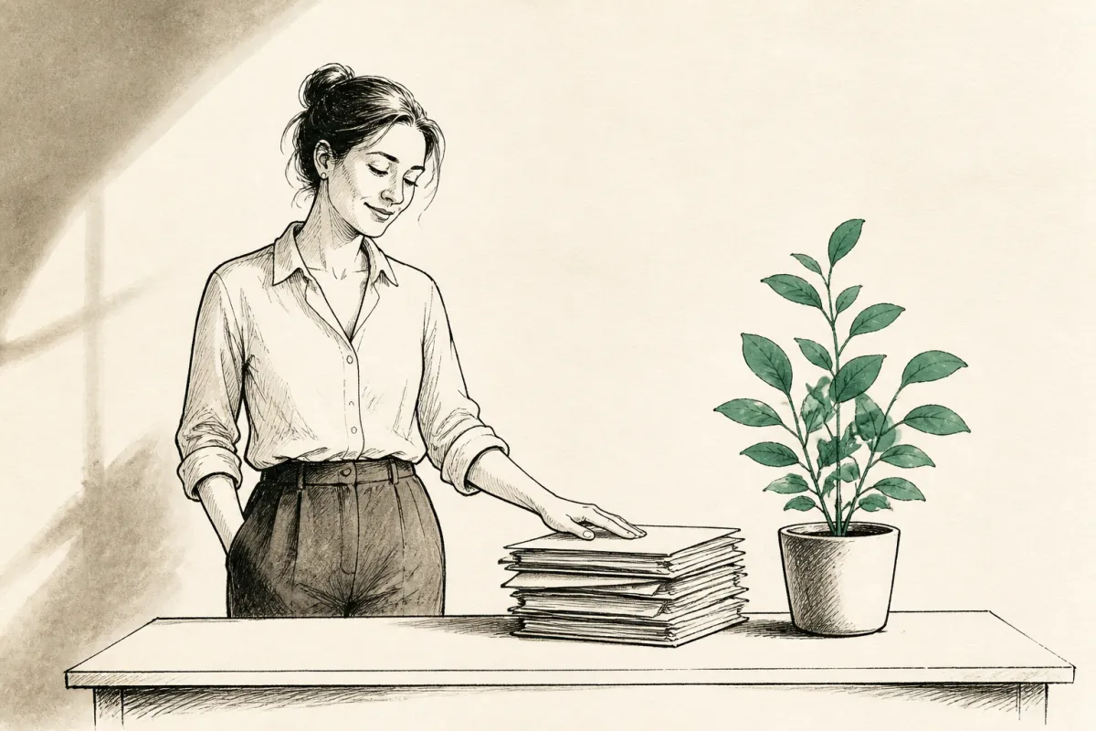 Business owner rests hand on a shrinking folder stack beside a growing green plant on a desk