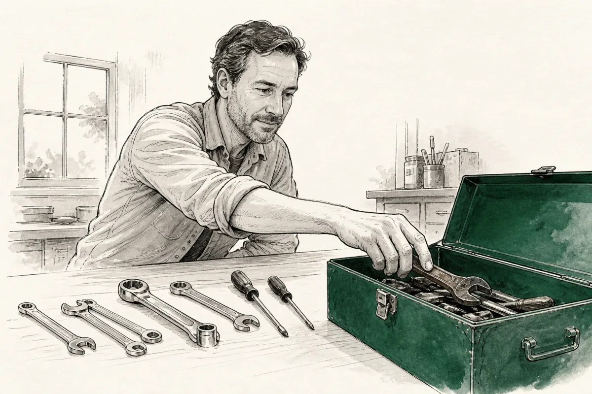 Business owner picks a worn tool from a green toolbox, ignoring shinier, unused tools nearby