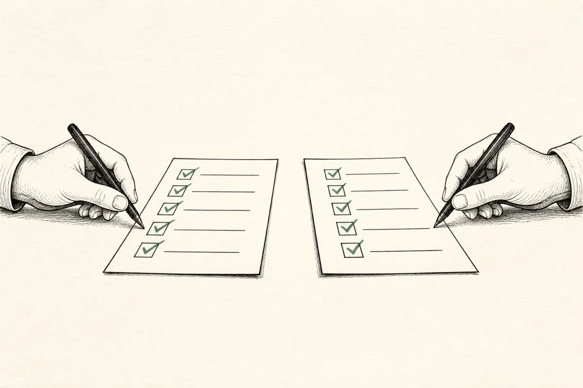 Two pairs of hands fill out identical forms the same way, both checklists marked with matching green checkmarks