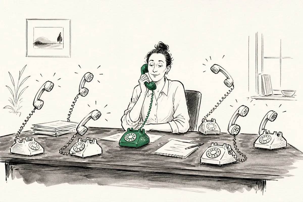 Business owner juggles multiple ringing phones at a desk, calmly holding one highlighted in green
