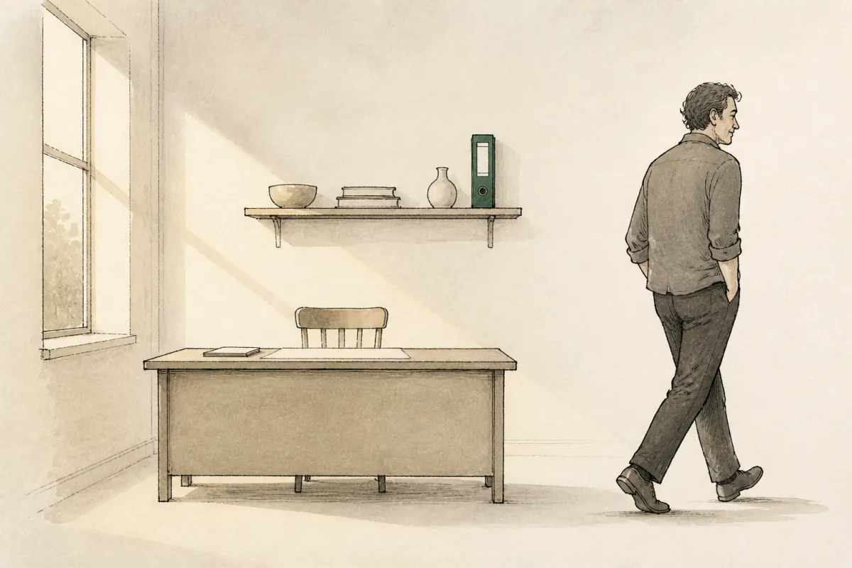 Business owner walks away from desk at day's end while a green binder sits neatly on a shelf behind them