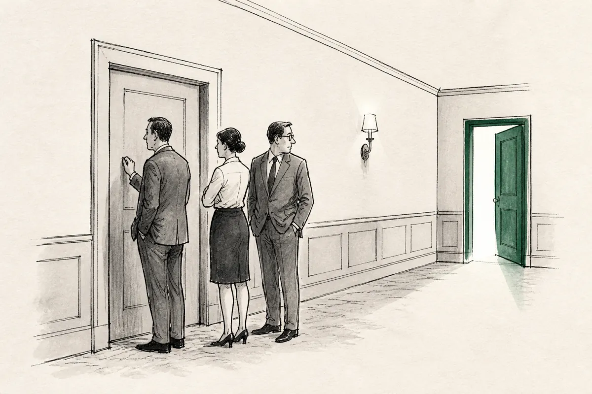 Small team waits at a closed office door while a nearby doorway glows green as an open path