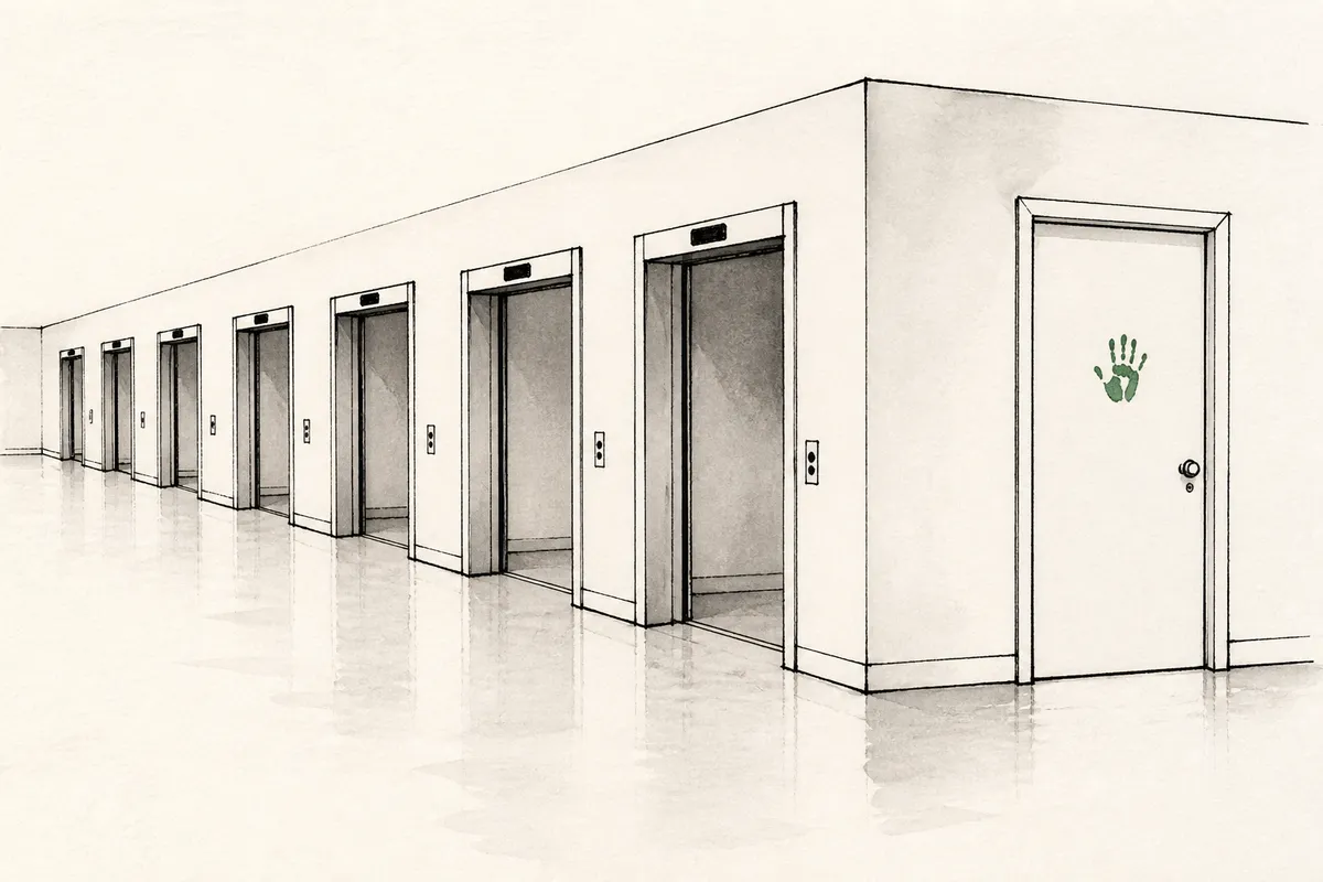 A closed door with a small green handprint stands apart from a row of open automatic doorways