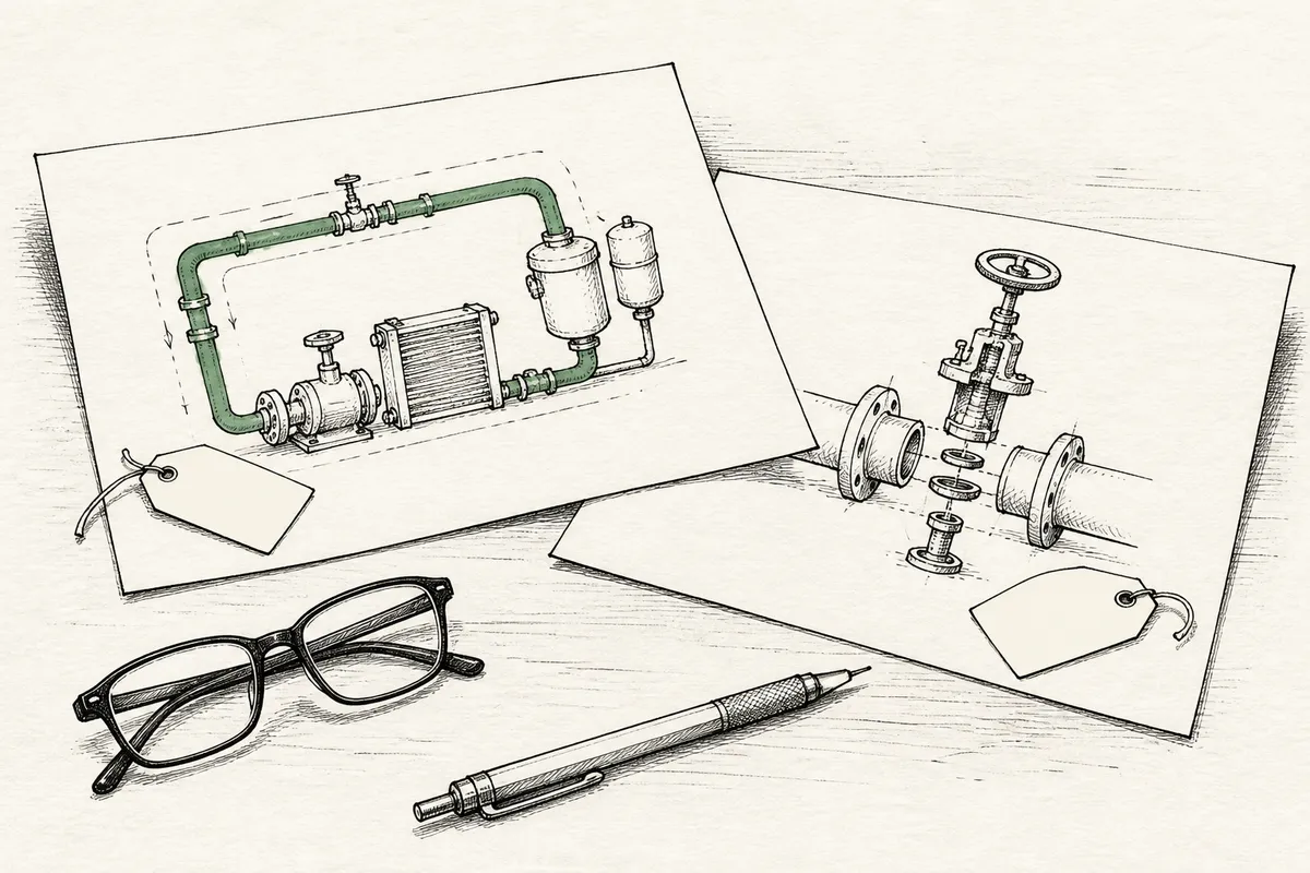 Illustration of two pipe diagrams on a desk, one marked active, one marked prototype, engineer's hand pointing