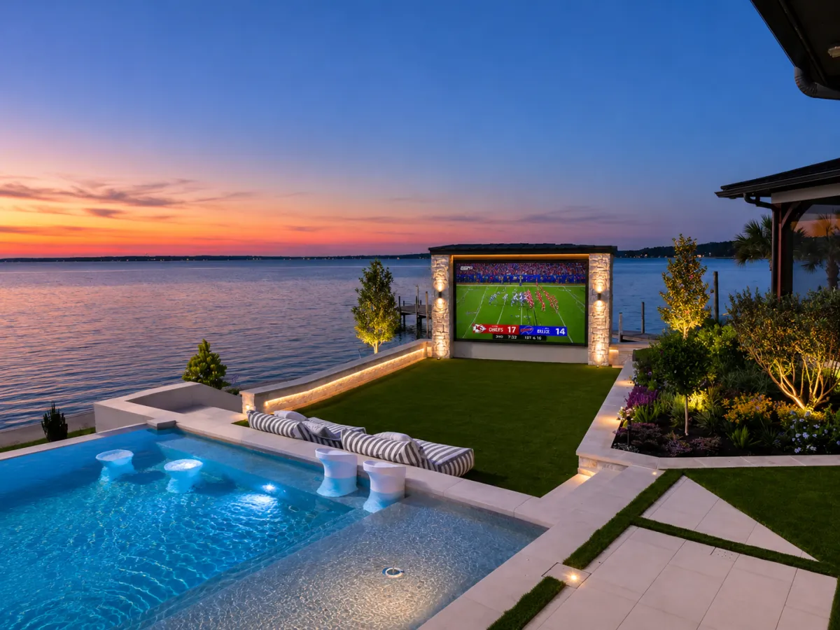 Large Outdoor TV Becomes the  Centerpiece of This Luxury Backyard 