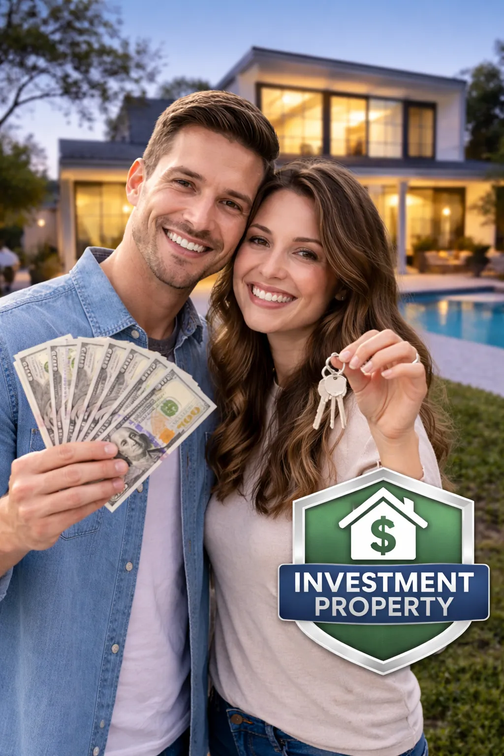 A large blue house sits on a grassy hill.