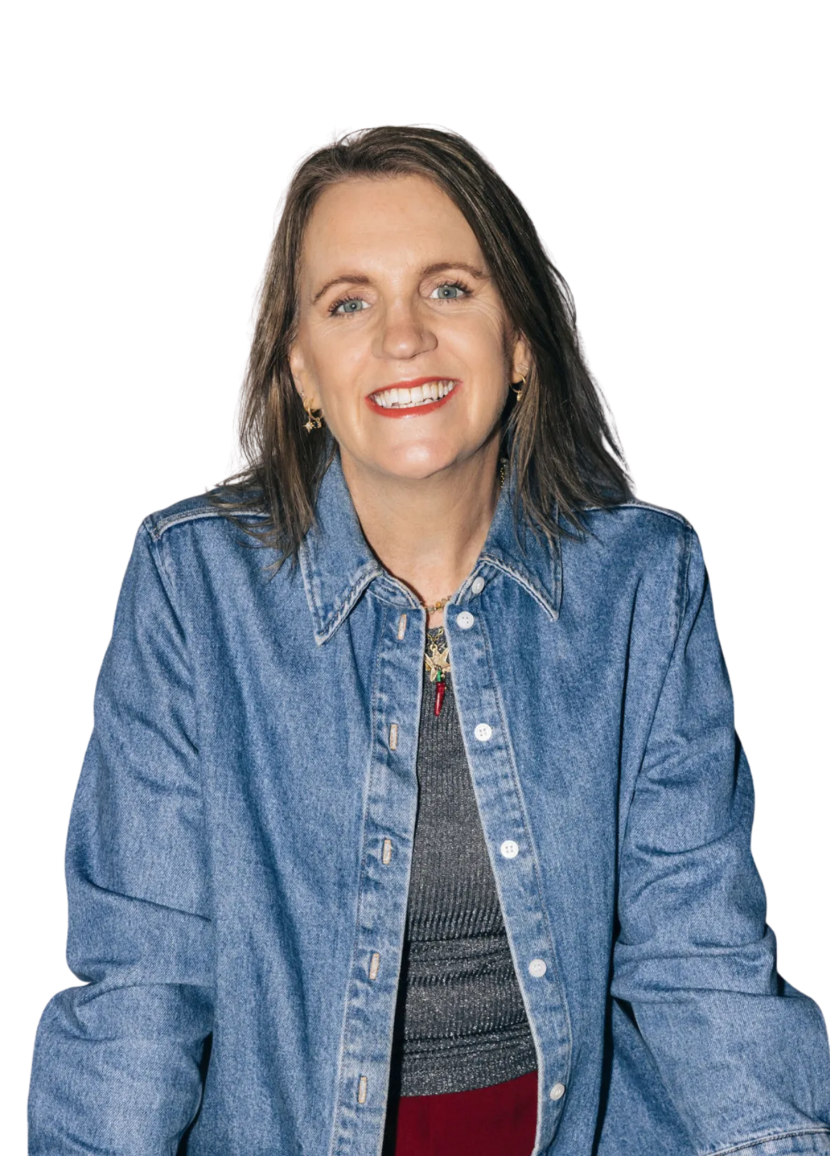 image of melissa robbins ecmmerce coach werign denim shirt with white bakground