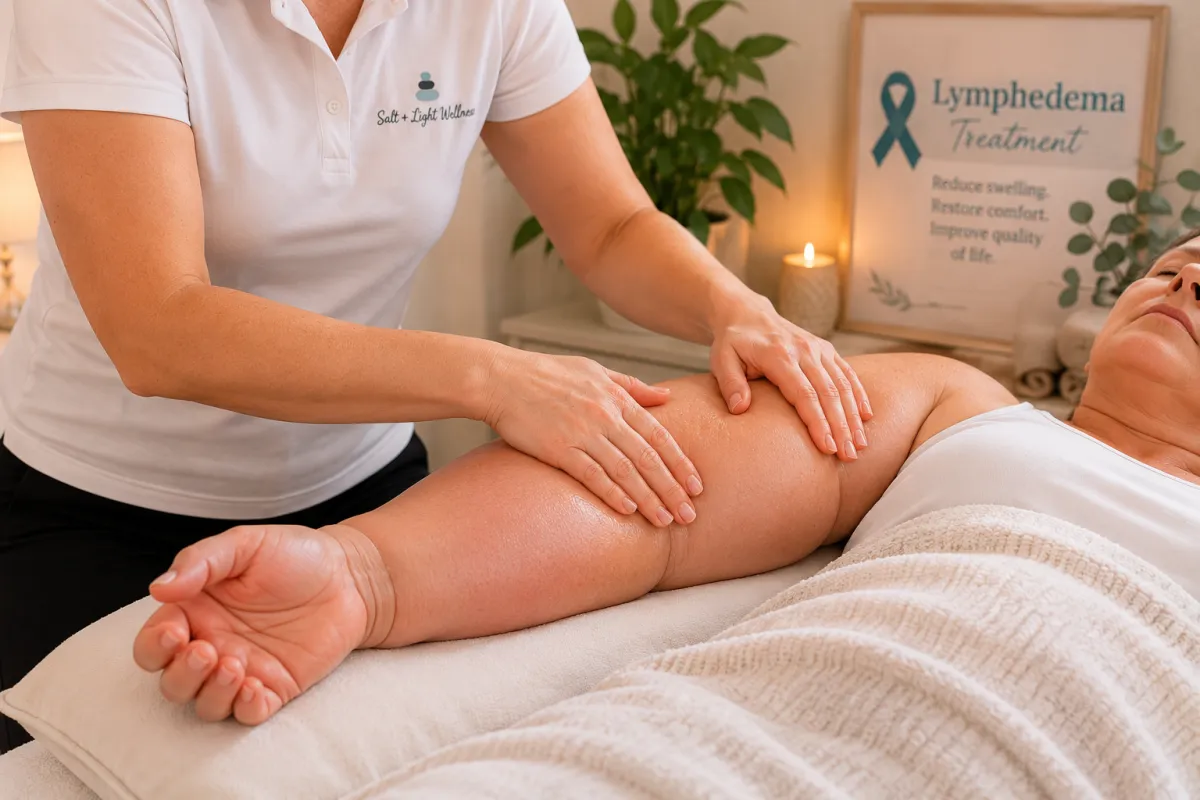 Manual lymphatic drainage treatment for arm lymphedema performed by a certified lymphedema therapist.