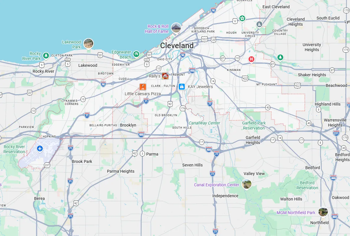 Map-style illustration representing floor refinishing service areas around Cleveland, Ohio