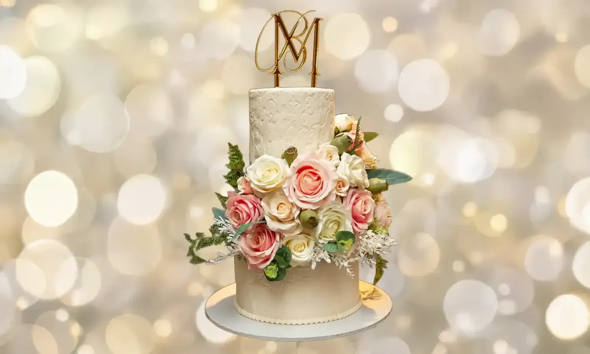 Elegant wedding cake with intricate icing details
