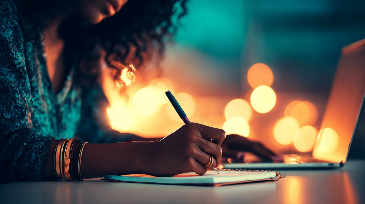 Close-up of a creative Black woman journaling at her laptop, golden bokeh lights glowing in background. Late-night writing session
