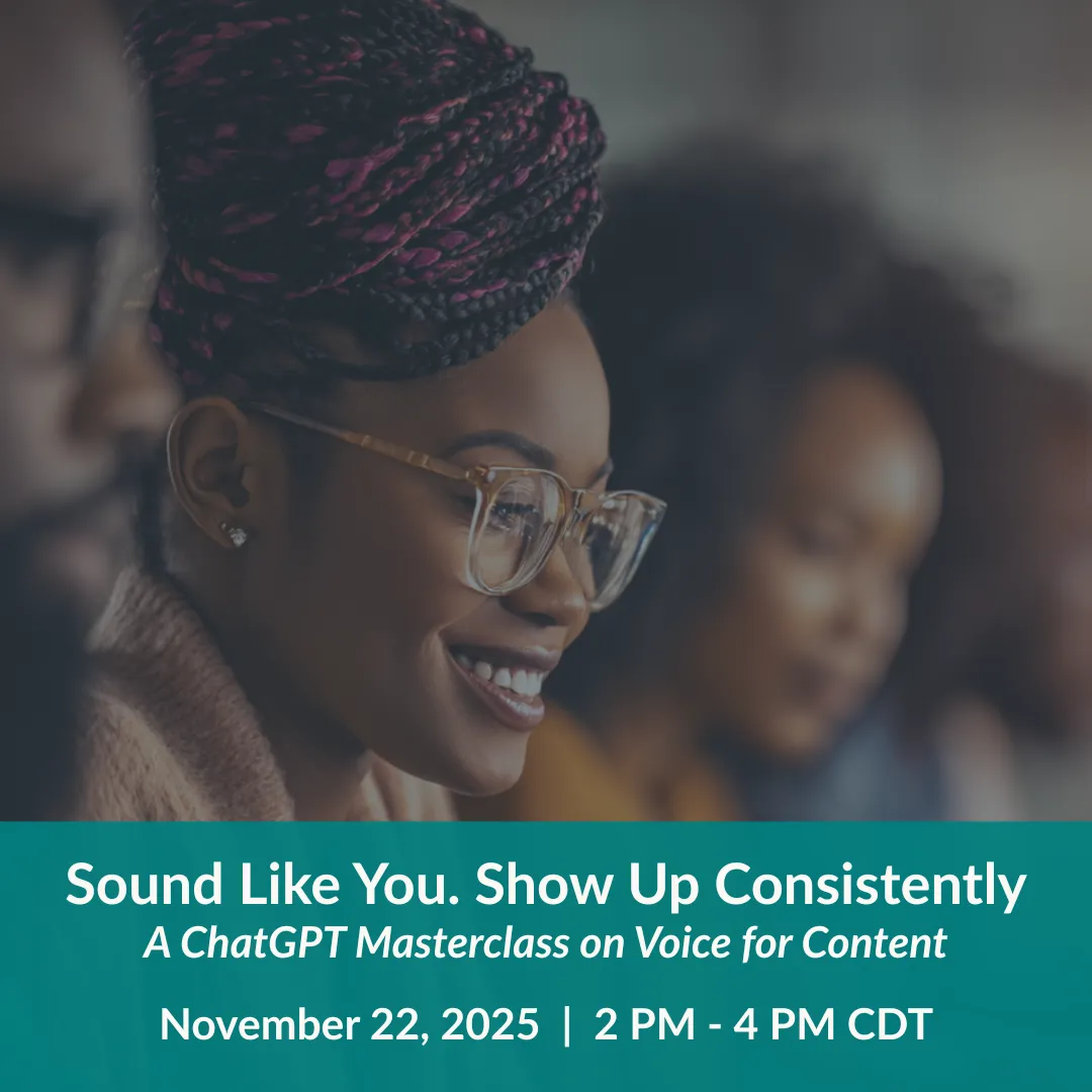 Black woman smiling during a ChatGPT voice training masterclass on content creation and brand consistency, Nov 2025