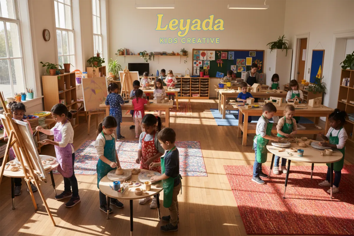 Vibrant, high-quality hero photo of children of diverse races engaged in pottery, woodworking, and painting with paint brushes in a bright inclusive art class, documentary style, visually compelling