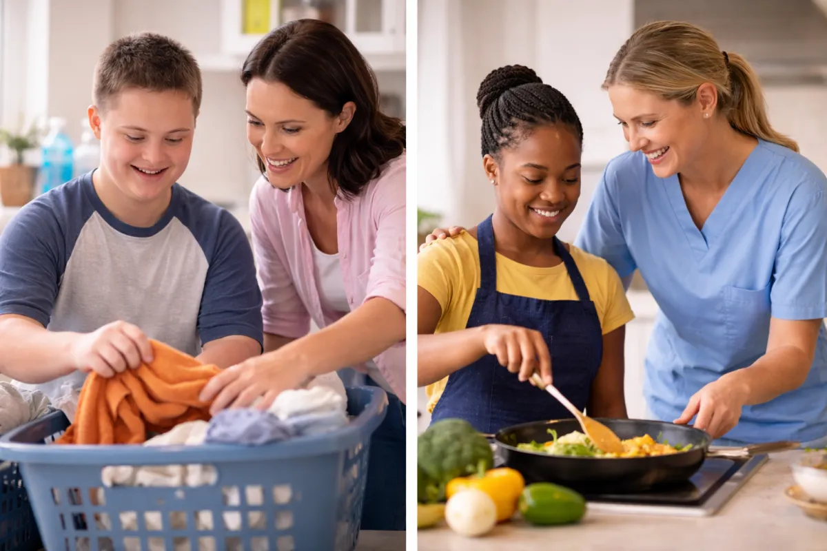 Professional caregivers assisting young disabled children with activities