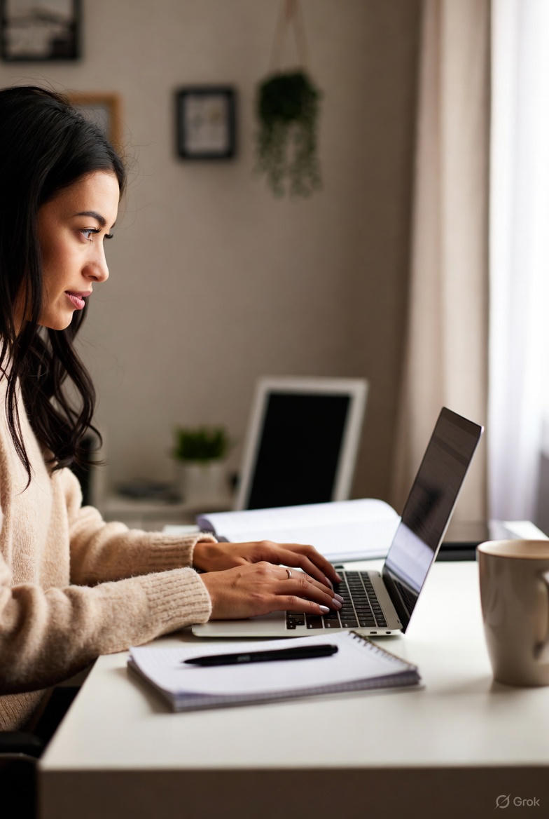 A creator in a modern workspace, reviewing beauty product samples and packaging proofs. The setting features sleek furniture and soft daylight, with a laptop and notepad nearby. The creator’s thoughtful expression highlights the attention to detail and the challenge of managing product quality.