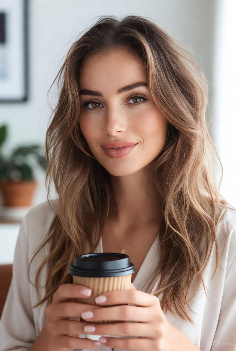 A poised creator with a distinct style, holding a minimalist, elegantly packaged beauty product in a softly lit studio. The background is a blend of neutral tones, evoking a premium, editorial atmosphere. The creator's confident expression and refined pose convey professionalism and creative authority.