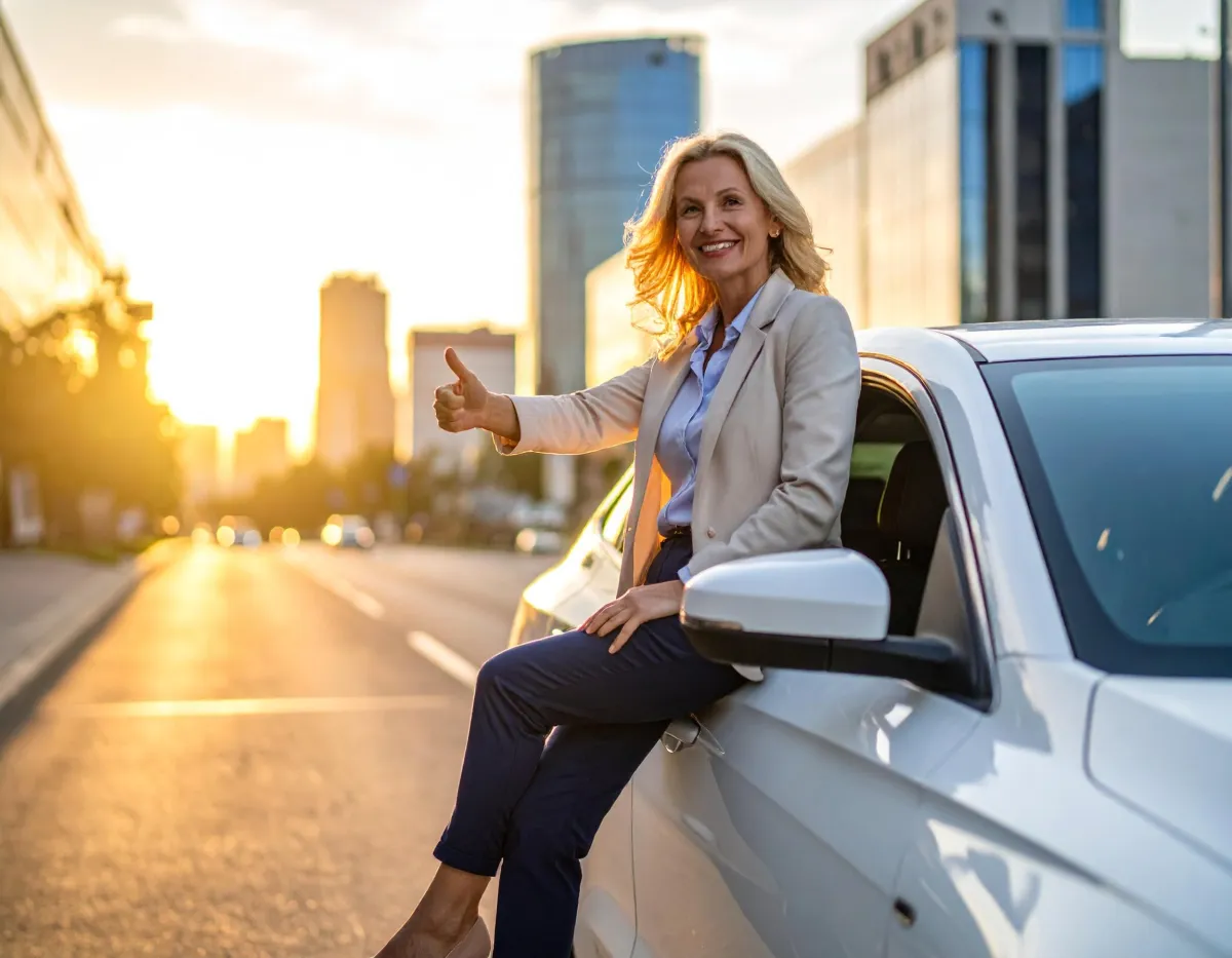 healthy woman with her car
