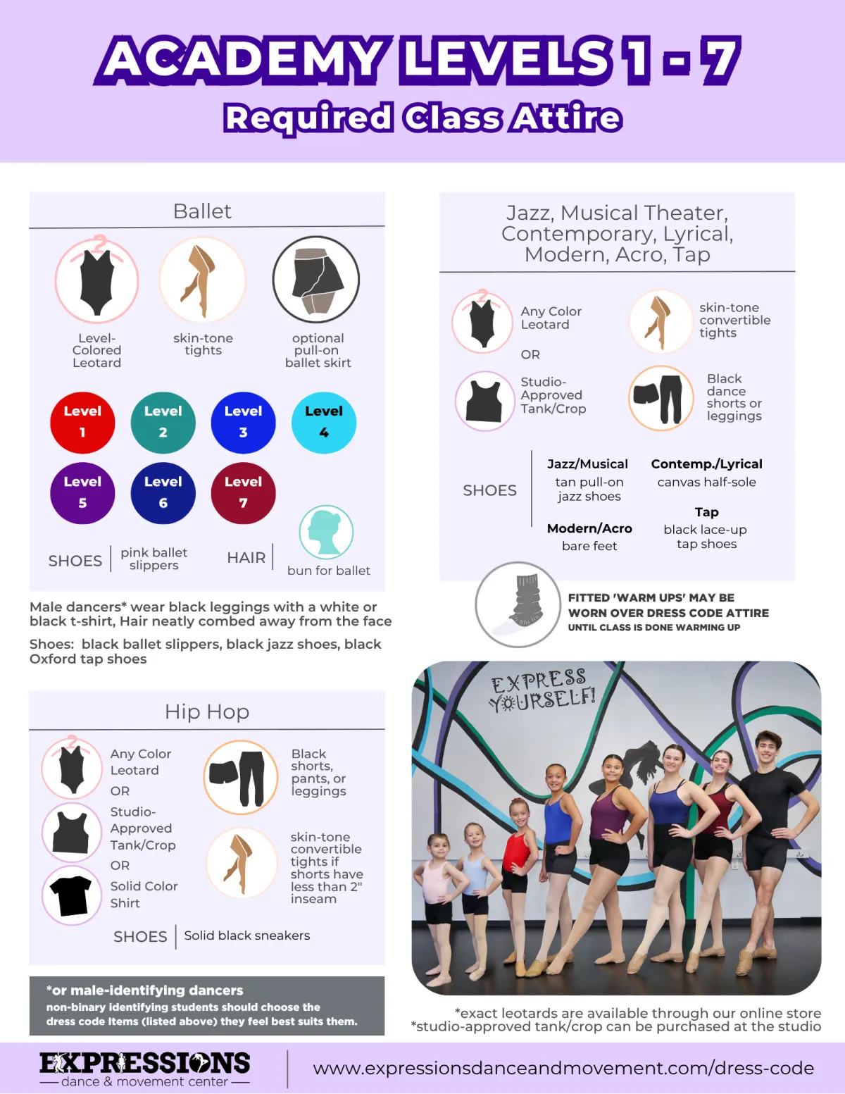 Dress code requirements for levels 1-7 classes