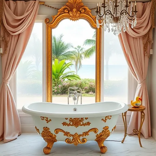 A luxurious yet playful bathroom remodel in Lantana, Florida, depicted in an ornate Rococo style. The scene features a vintage-style bathtub with intricate gold leaf carvings, situated beneath an elaborate Rococo mirror framed with swirling floral motifs and delicate embellishments. Soft pastel colors such as blush pink, turquoise, and mint green dominate the space, complemented by shimmering gold accents that add warmth and sophistication. whimsical touches include porcelain faucets shaped like swans and a small ornate side table with a vintage rubber duck, infusing personality and charm. In the background, large frosted glass windows reveal a lush garden with tropical flowers, greenery, and a hint of white sandy beach, highlighting Florida’s coastal vibe. Elegant swirling drapes in soft fabrics frame the windows, while a delicate crystal chandelier casts a gentle glow over the scene. The overall atmosphere is lighthearted and inviting, blending opulence with accessibility and inspiring viewers to imagine affordable, Rococo-inspired bathroom renovations.
