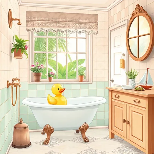 A whimsical illustration of a bathroom undergoing remodeling in a cozy, sunlit space near Greenacres, Florida. The scene features vintage-inspired tiles with intricate patterns in pastel hues of mint green, blush pink, and cream, creating a warm, nostalgic atmosphere reminiscent of the Arts and Crafts Movement. Included are a classic clawfoot tub with a playful rubber duck, ornate copper fixtures with subtle patina, and charming wooden cabinets showcasing handcrafted craftsmanship. Details such as blooming potted plants on windowsills, a vintage seashell-shaped soap dispenser, and an old-fashioned mirror with a decorative wooden frame reflect sunlight through a lace-curtained window. In the background, lush green foliage and palm trees hint at the Floridian setting, adding a natural, tranquil vibe. Small playful elements like a tiny sailboat model and a smiling ceramic turtle enhance the charming mood. The overall aesthetic emphasizes handcrafted textures, decorative motifs, and a soothing vintage color palette of muted greens, warm browns, soft pinks, and gentle blues, celebrating home renovation, artisan craftsmanship, and the natural beauty of Florida.